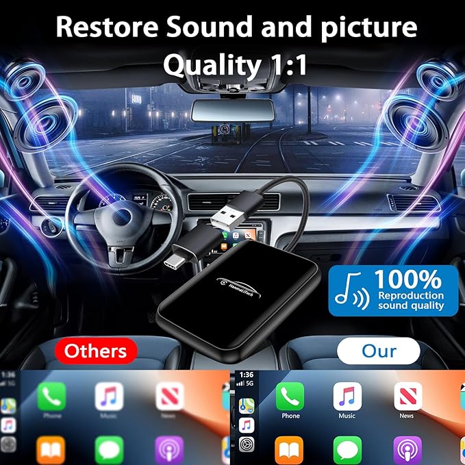 Wireless CarPlay Adapter for Apple iPhone | Mini USB Design for Convert Wired to Wireless Car Play Adapter - No Latency from iOS 10+ to Screen w/USB C (Black)