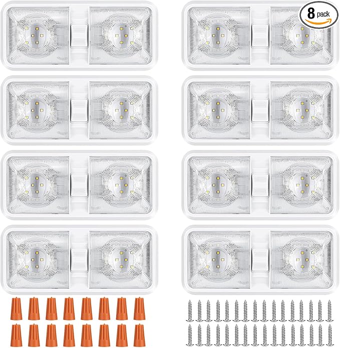 8 Pack RV Lights Interior 12V Led 8W Ceiling Double Dome Light 600 Lumen Brightness Lights Fixtures for RV Camper Trailer Boat Car, Natural White 4000-4500K, 48 X 2835 SMD LED
