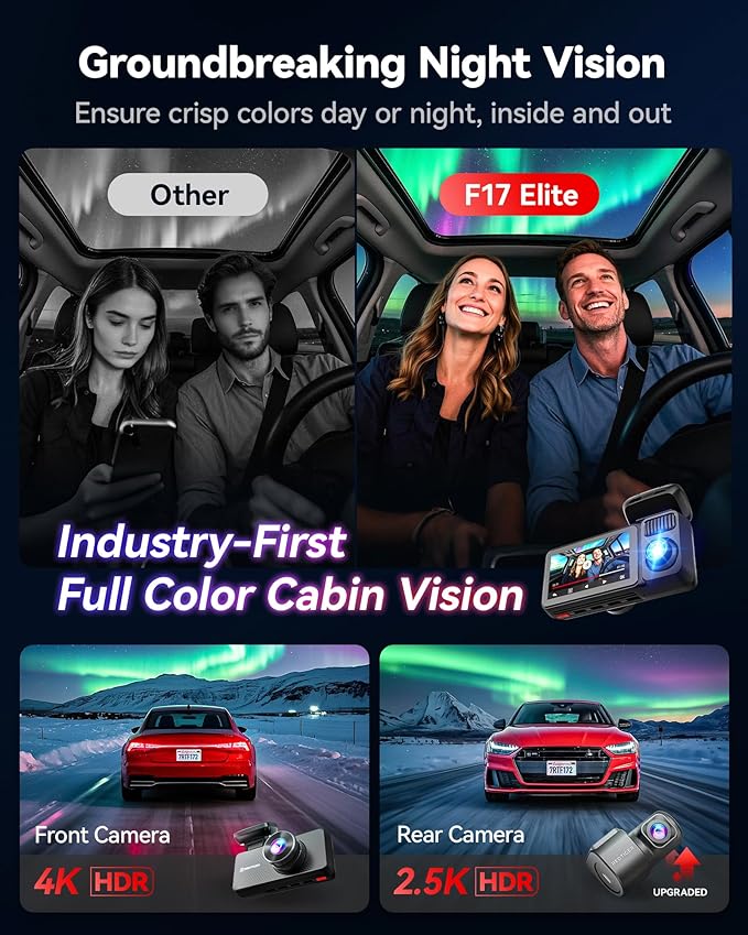 REDTIGER F17 Elite 4K 3 Channel Dash Cam, STARVIS 2 IMX678 & IMX675, 128GB Card, Full Night Color, 4K+2.5K+1080P Front and Rear Inside, Touch Screen, Voice Control, 5GHz WiFi 6, GPS, HDR, Parking Mode