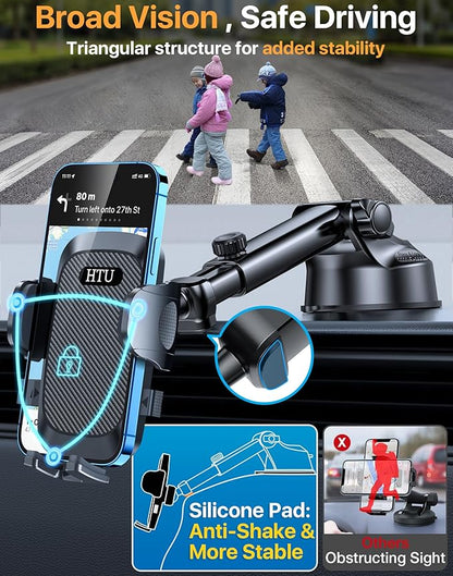 HTU [True Military-Grade] 2025 Upgraded Car Phone Holder 【Safety Certs & No Smell】 Cell Phone Holder for Car Mount for Dashboard Windshield Air Vent Long Arm Thick Case,Black