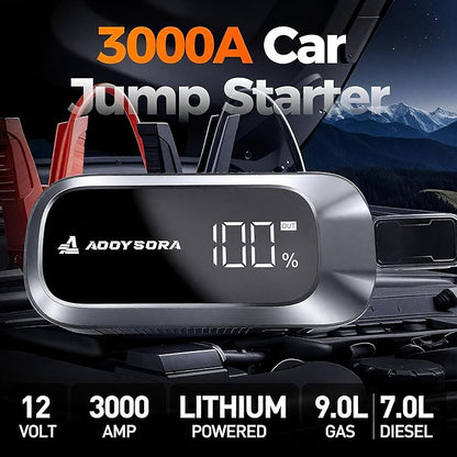 3000A Car Battery Jump Starter,16000mAh Jump Starter Battery Pack Up to 9.0L Gas & 7.0L Diesel, 12V Portable Car Jump Starter with LED Screen/3 Modes Flashlight/Jumper Cable