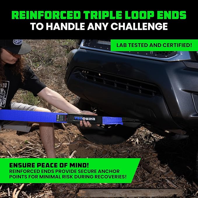 Rhino USA Recovery Tow Strap (3"x30') - 31,518lb Break Strength- Emergency Recovery Strap Tow Rope for Truck, UTV, ATV & More- Heavy Duty Towing Strap for Offroad 4x4 Use - Compatible with Jeep (Blue)