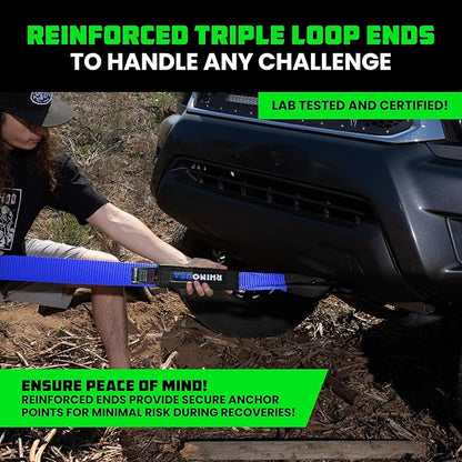 Rhino USA Recovery Tow Strap (3"x30') - 31,518lb Break Strength- Emergency Recovery Strap Tow Rope for Truck, UTV, ATV & More- Heavy Duty Towing Strap for Offroad 4x4 Use - Compatible with Jeep (Blue)