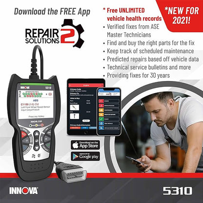 Innova 5310 OBD2 Scanner for ABS & Airbag (SRS) with Battery/Alt Test, Oil Light Reset, Live Data for 1996-2023 Vehicles, Accurate, Reliable, Easy to Use, iPhone & Android App Included