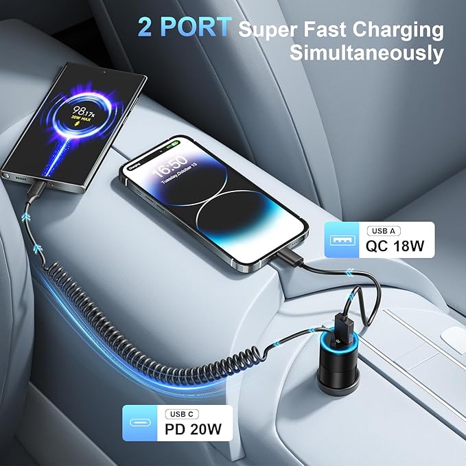 USB C Car Charger Fast Charge,2-Pack 38W PD 3.0 USB C Cigarette Lighter USB Charger with 3.5FT Type C Cable,Car Adapter Compatible with Samsung S25/S24/S23/S22 Ultra,iPhone 16 15 Pro Max SE,iPad,Pixel