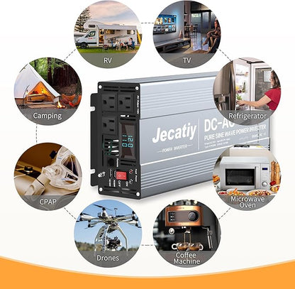 3000 Watt Pure Sine Wave Power Inverter DC 24V to 110V/120V AC Converter with 3 AC,18W USB, and 30W Type-C Charging Ports, Car Solar Power Inverters with LCD Display for Home RV Truck