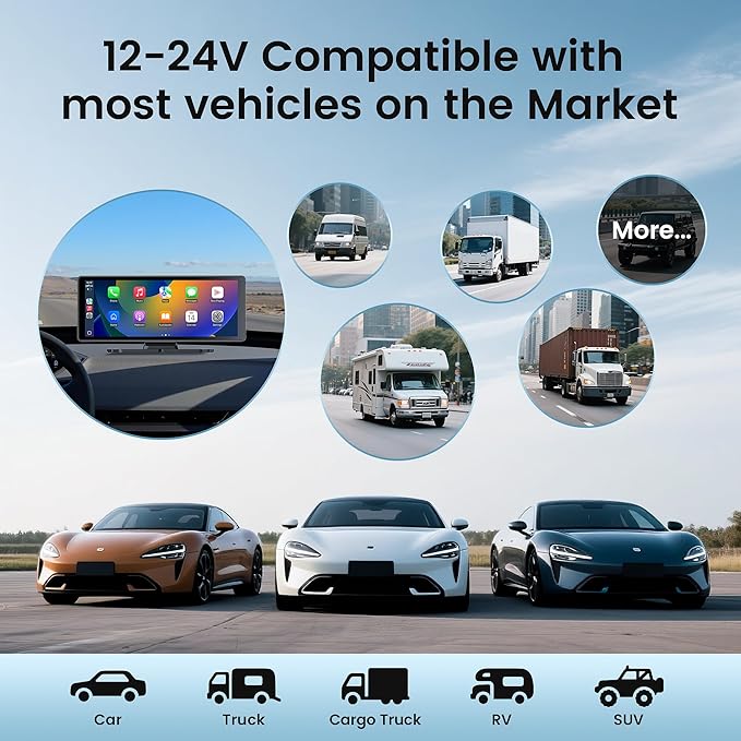 10.26" Carplay Screen for Car,4K Dash Cam,Portable Tablet for Apple Android Auto,Voice Touch Control GPS Navigation,Stereo Audio Radio,Rear Backup Camera,Bluetooth,Wireless Mirror for Truck