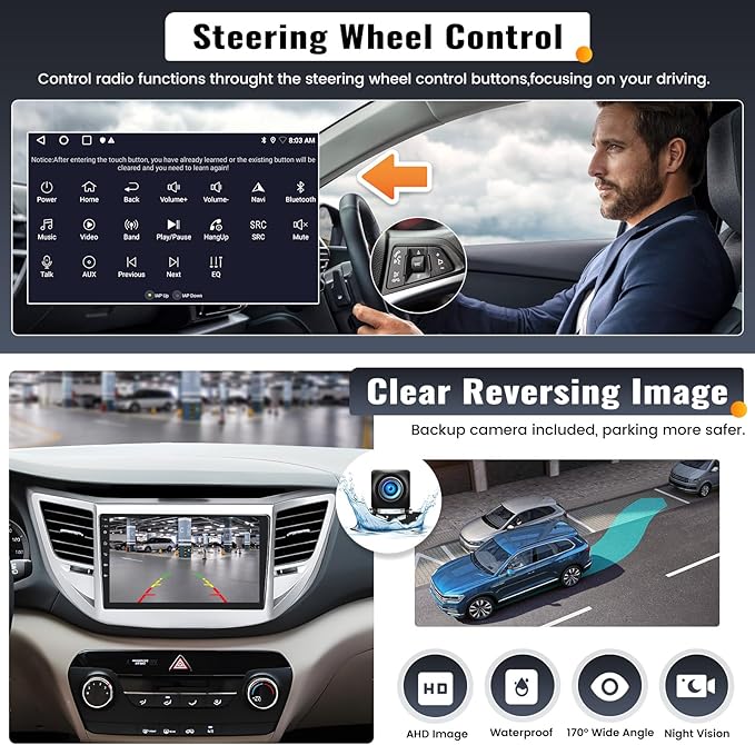 2G+32G 9 Inch Android Car Stereo for Hyundai Tucson 2015-2018 Radio Wireless Apple CarPlay Android Auto Bluetooth Touchscreen GPS Navigation Head Unit WiFi FM USB SWC Split Screen+AHD Backup Camera