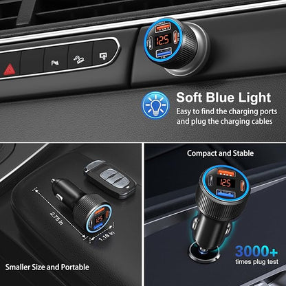USB C Car Charger, 3 Pack 65W Dual 12V Car Power Adapter with Voltmeter QC+PD 3.0 Multi Port Fast Charging Cigarette Lighter USB Charger for iPhone 16 15 14 13 12 Pad Pro Max, Android(Black Gray)