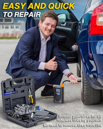 Tire Repair Kit with Portable Air Compressor, Tire Plug Kit 58PCS with Cordless Tire Inflator (150 PSI) for Car, Motorcycle, Tractor, Truck, Ball