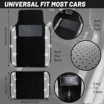 NBTEPEM Bling Car Floor Mats Full Set, Universal Fit Most Cars,SUV, Trucks, 4 pcs Sparkle Glitter Diamond Carpet for Women Girls with Anti-Slip Pad (Silver Diamond)