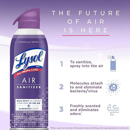 Lysol Air Sanitizer Spray with Odor Eliminator for Home & Office, Sanitizing Spray, Air Freshener Alternative, Light Breeze Scent, 10 oz (Pack of 3)