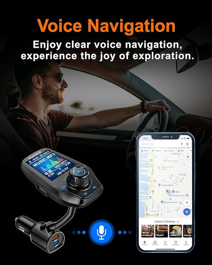 Upgraded Bluetooth FM Transmitter for Car, Wireless Radio Adapter Kit W 1.8" Color Display Hands-Free Call AUX in/Out SD/TF Card USB Fast Charge 18W for All Smartphones Audio Players - Black