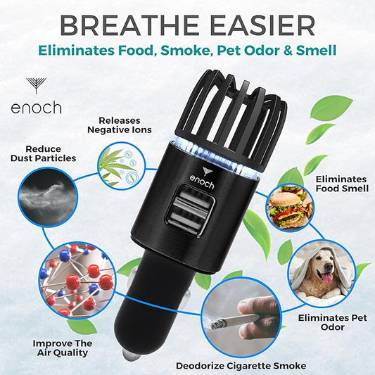 Enoch Car Air Purifier Premium Air Ionizer - 12V Plug-In Ionic Ozone Deodorizer Accessory with Dual USB Car Charger - Eliminates Cigarette Smoke, Pet and Food Odors, Dust (Black)