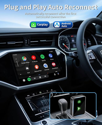 Carplay Wireless Adapter, 2 in1 Carplay & Android Auto 2025 Upgraded Wireless Adapter, Converts Wired to Mini Size Car Play, Fast Auto-Connect, No Latency, Plug and Play, USB A/C