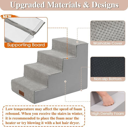 GGIB Non-Slip Pet Stairs for Small Dogs & Cats - 4-Step, Removable Washable Cover, Light Grey, 17" H