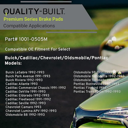 Premium Semi-Metallic Front Brake Pads (1001-0505M) Compatible with 1991-1993 Buick/Cadillac/Chevrolet/Oldsmobile/Pontiac (Allante/Bonneville/Camaro/DeVille/Eldorado/Firebird/Fleetwood)