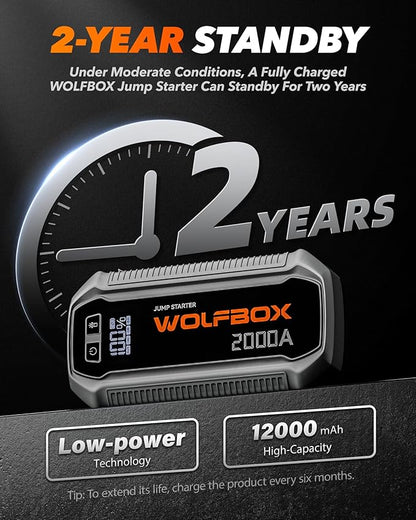 WOLFBOX 2000A Jump Starter, 12000mAh Battery Jumper Starter Portable with LED Display, 12V Car Battery Jump Starter Pack (7L Gas 6L Diesel Engine) with Booster, LED Light, Jumper Cables (NO Adapter)