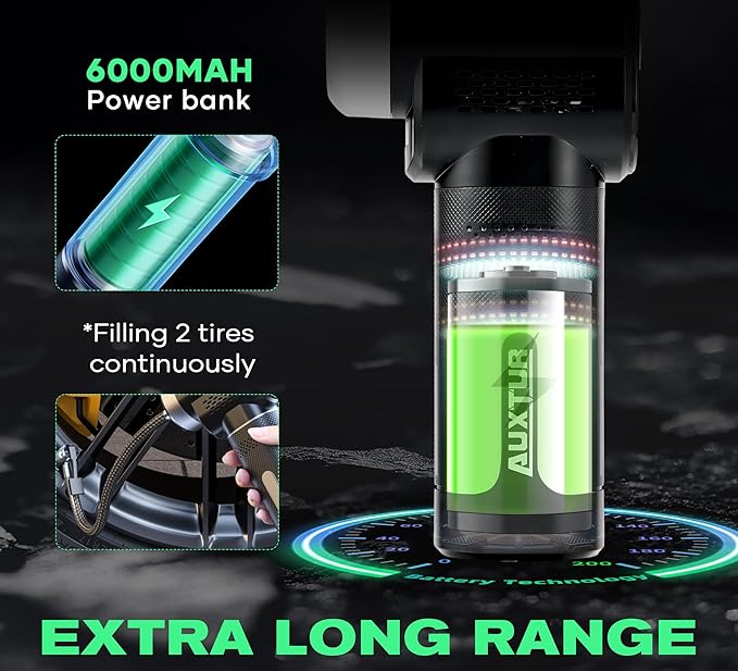 Vehicle Tire Inflator Portable Air Compressor & Inflator(150PSI),TYPE-C 6000mAH Car Tire Pump with Light, Digital Tire Pressure Gauge, Air Pump-Car Motorcycle Accessories