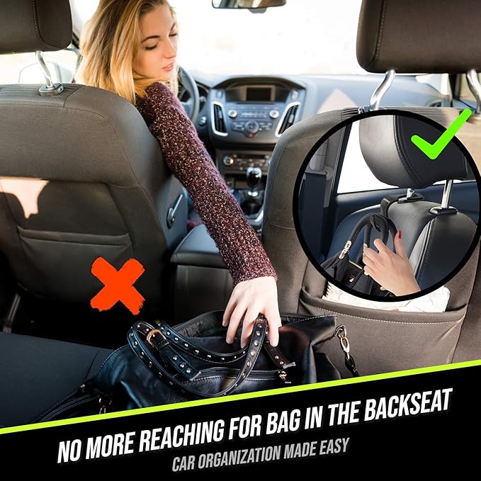 Car Hooks – Durable Headrest Hooks for Car | Car Purse Hook Holds Bags, Groceries & Essentials | Purse Hooks for Car That Don't Slip | Must-Have Car Hanging Accessories – 4-Pack, Easy Install