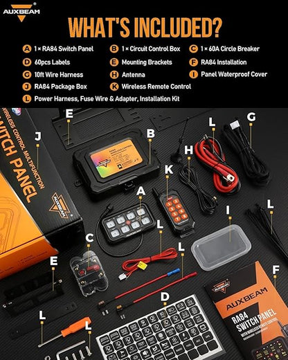 Auxbeam 8 Gang Switch Panel RC-800 RGB Wireless Remote Control Range Up to 165FT Multifunction Switch Pod 3 lighting modes with Backlit Off and Auto Dimmable for RV Offroad Waterproof 2 Years Warranty