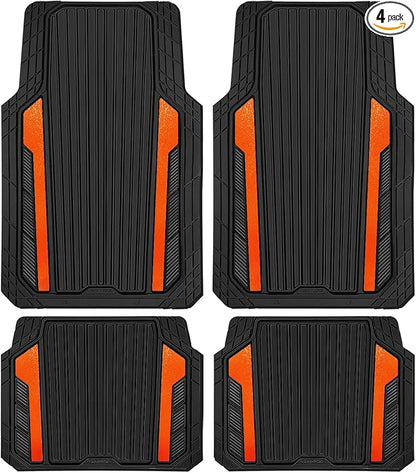CAR PASS Heavy Duty Rubber Car Mats Metallic, Aluminum Film All Weather Floor Mats Waterproof Universal Trim to Fit SUVs Sedans Vans 4 Piece Anodized Deep Dish Two-Tone Sporty Black Orange Chrome