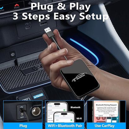 Wireless CarPlay Adapter for Apple iPhone | Mini USB Design for Convert Wired to Wireless Car Play Adapter - No Latency from iOS 10+ to Screen w/USB C (Black)