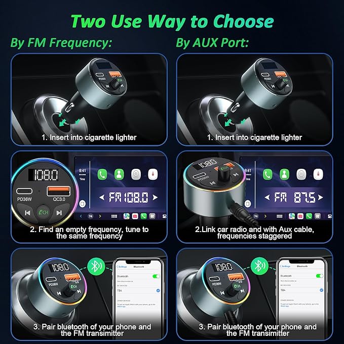 FM Transmitter Bluetooth 5.3 - SOARUN Fast Car Charger Adapter 54W [PD 36W & QC3.0 18W], Support Wireless Radio, Aux 3.5mm, Hands-Free Calling with 9 Colors LED Backlit