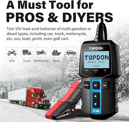 TOPDON BT100 Car Battery Tester 12V Load Tester, 100-2000 CCA Automotive Alternator Tester Digital Auto Battery Analyzer Charging Cranking System Tester for Car Truck Motorcycle ATV SUV Boat Yacht