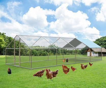 1.26’’ Large Metal Chicken Coop Walk in, Chicken Pen for Chickens, Outdoor Chicken Runs Coops Dog Kennel, Spire Roofed Chicken Runs for Yard with Anti-Ultraviolet Cover (9.8’Lx26.2’Wx6.4’H)