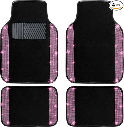 NBTEPEM Pink Bling Car Floor Mats Full Set, Universal Fit Most Cars,SUV, Trucks, 4 pcs Sparkle Glitter Diamond Carpet for Women Girls with Anti-Slip Pad (Pink Diamond)
