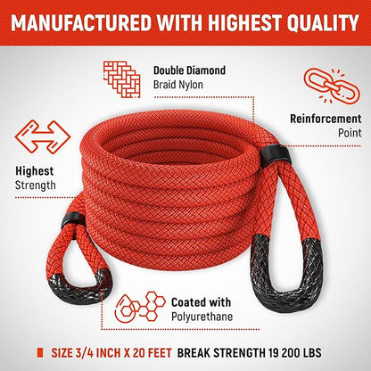MiolleGear Kinetic Recovery Rope kit (3/4" x20', 6400lbs WLL) Heavy Duty Tow Rope - Includes 2 Soft Shackle for UTV, ATV, Truck, Car, Jeep, Tractor
