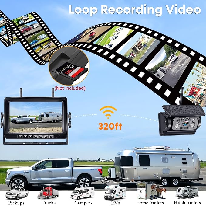 Dual RV Backup Camera Wireless for Trailer: Easy Setup Solar RV Rear View Camera with 7-inch Recording Monitor - 4 Channels Strong Magnetic HD 1080P Long-Battery Life for Camper, Truck, Fifth Wheel