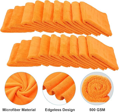 Shimeyao 30 Pcs Edgeless Microfiber Plush Towels for Cars Detailing Drying Wash Polishing Absorbent Cleaning Cloths, 500 GSM, 16 x 16 Inch(Orange)