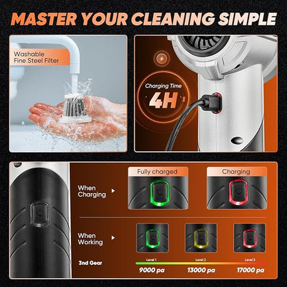 Saker Portable Handheld Vacuum Cordless Portable 17000PA Foldable Car Vacuum Cleaner Mini Dust Blower with Brushless Motor, Office Pet and Home Cleaning HL133