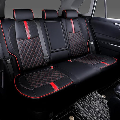 Custom Fit RAV4 Seat Covers for 2019-2025 Toyota RAV4 Hybrid LE,XLE,XLE Premium,Limited Full Coverage Waterproof Leather Car Seat Covers Full Set (Black with Red Trim)