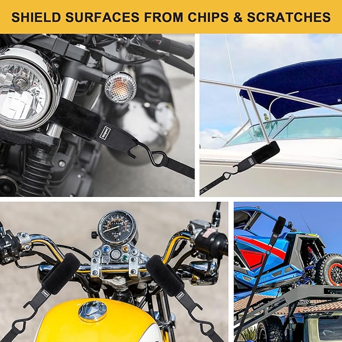 Ayaport Soft Tie Cover Set Include 4 pcs Synthetic Sheepskin Plush Covers and 4 pcs Soft Loop Tie Down Straps for Protecting Motorcycle, Dirt Bike, ATV, UTV etc. 1.5"x18"