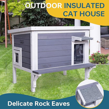 GEGURI Insulated Cat House Outdoor Weatherproof Feral Cat Shelter for Winter Large Wooden Enclosure with Escape Door