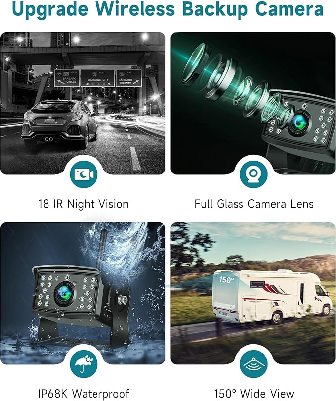 Wireless Backup Camera for RV, 7" IPS Monitor Kit AHD Rear View Camera Waterproof Night Vision DVR Recording, Wireless Reverse Camera 12V-36V for Truck/Trailer/RV/Camper/Excavator/Caravan