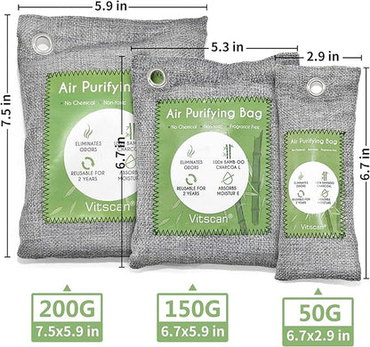 12 Pack Bamboo Charcoal Air Purifying Bag, Activated Charcoal Bags Odor Absorber, Moisture Absorber, Natural Car Air Freshener, Shoe Deodorizer, Odor Eliminators For Home, Pet, Closet (8x50g, 4x200g)