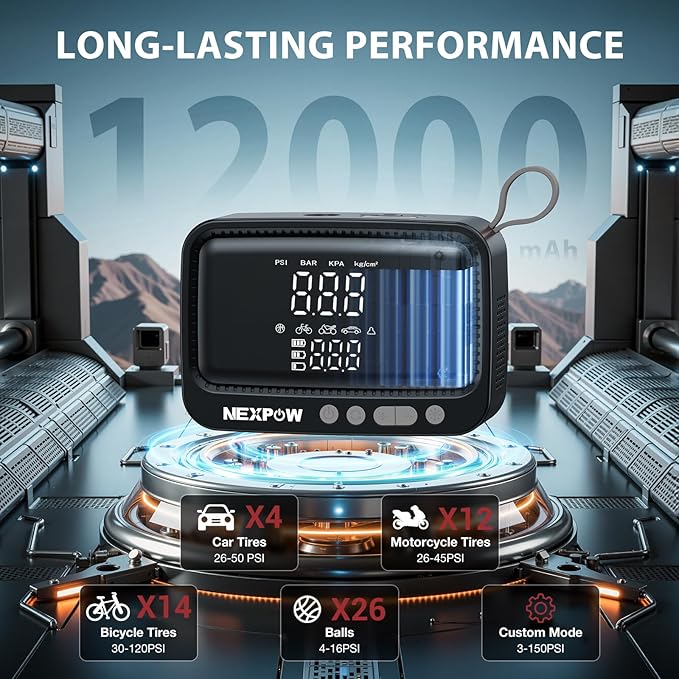 NEXPOW Tire Inflator Portable Air Compressor, 150 PSI Cordless Air Pump for Car Tires with Digital Pressure Gauge & Auto Shut-Off, Air Compressor Portable for Car, Motorcycle, Bicycle, Balls, Gray