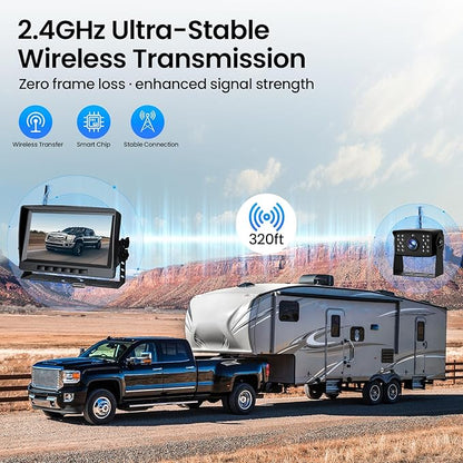 RV Backup Camera, Vehicle Backup Camera with AI Detection, 1080P Backup Cameras, 7'' Waterproof Wireless Backup Camera with DVR Recording & Night Vision for Car, Van, SUV, Truck, Trailer