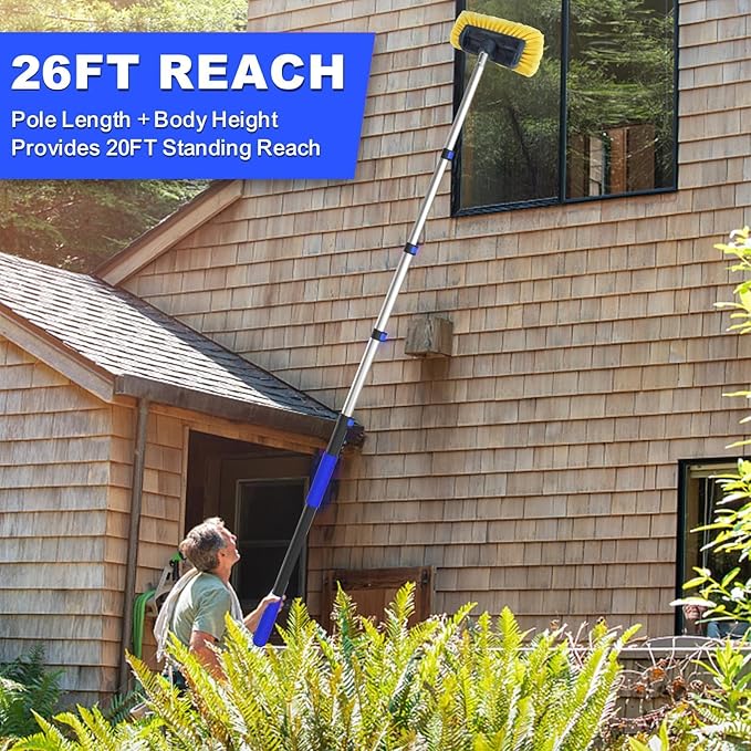 Buyplus Car Wash Brush with 20FT Long Handle, Car Brushes for Washing 12-Inch Soft Bristles with Aluminium Telescoping Pole for Scratch-Free Cleaning RV, House Siding, Floors, Solar Panels,Blue