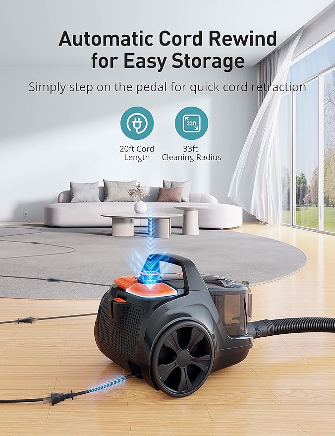 Aspiron Canister Vacuum, Upgraded 1600W Bagless Canister Vacuum Cleaner, Auto Cord Rewind, H13 HEPA Filter, 3.7Qt Large Capacity, 5 Tools for Hard Floors, Carpet, Pet, Upholstery, Tiles, Car, Orange