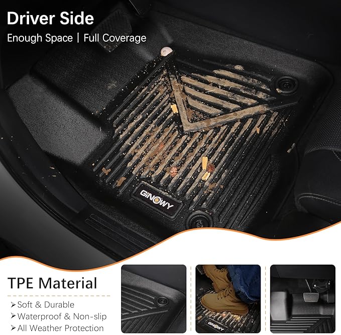 GINOWY-Floor Mats for Chevy Colorado 2023 2024 2025 Crew Cab &GMC Canyon, TPE All Weather Protection Floor Liners for Colorado 2024, Non-Slip Durable Waterproof Custom Fit Accessories, Black
