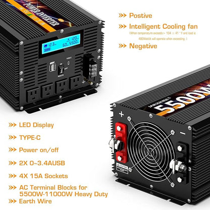 5500 Watt Power Inverter 12V DC to 110V 120V Converter for Family RV Off Grid Solar System Car with Type-C Ports 3 AC Power Outlets Dual USB Ports LCD Display Wireless Remote Control