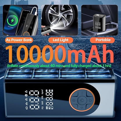 Tire Inflator Portable Air Compressor 150PSI Air Pump for Car Tires with Tire Pressure Gauge Cordless 10000mAh 3X Faster Portable Tire Inflator for Car,Bikes&Motorcycle Tires, Balls