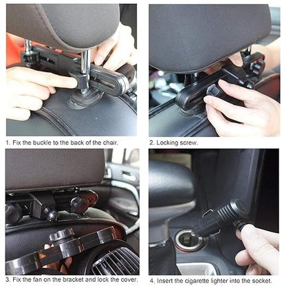 Car Fan for Backseat Auto 12V Electric Cooling Fan Portable Car Seat Headrest for Sedan SUV RV Boat, with 360° Rotatable Dual Head, Stepless Speed Regulation, Cigarette Lighter Plug