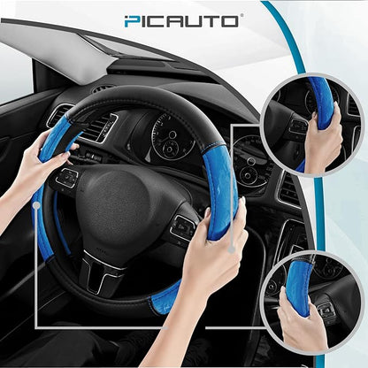 PIC AUTO Steering Wheel Cover, Silk Grain Leather Car Steering Wheel Protector, Comfortable Grip, Universal 14.5-15.5 Inch Anti-Slip Steering Wheels Accessories for Men & Women (Blue)