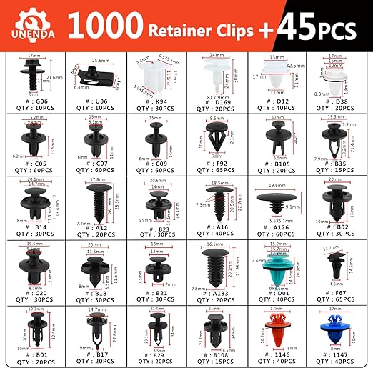 Ford GM Toyota Honda Chrysler Nissan Car Push Retainer Clips 1045pcs with 30 Popular Push Pins for Auto Parts Sizes - Includes 10 Cable Ties and Red Fastener Remover